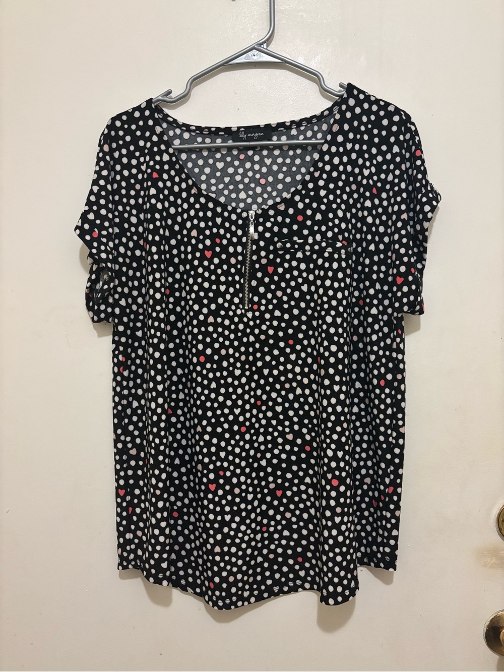 Lily Morgan Black Polka Dot Heart Print Zip Front Blouse Size Large